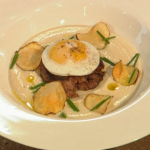 Saturday Kitchen live:  Jerusalem artichoke soup by Tom Kitchin served with with a game burger and fried egg