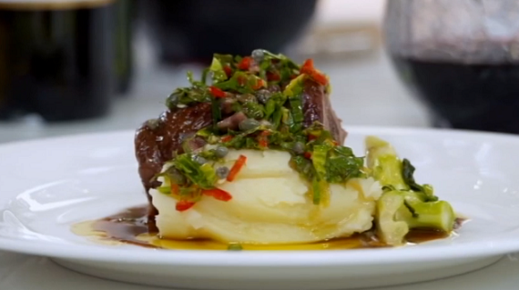 Lamb with buttery mash potatos and salsa Verde dressing by Tom Kerridge