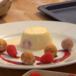 Cream raspberry panna cotta with doughnuts and raspberry sauce on by James Martin’s Food Map Of Britain