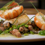 Jason Atherton Roasted Cod with Langoustines, broad beans and Chanterelles on Spring Kitchen with Tom Kerridge