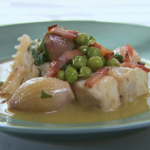 Nathan Outlaw turbot bacon peas in ale / beer recipe on Spring Kitchen with Tom Kerridge