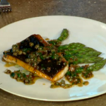 James Martin pan fried halibut with asparagus and brown butter sauce on Saturday Kitchen