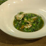 James Martin langoustines soup with  Jersey Royals, peas, asparagus and salsa verde on Saturday Kitchen