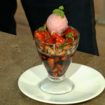 Tom Kerridge strawberry ice cream dessert with balsamic vinegar and amaretti biscuits for Dominic Littlewood on Spring Kitchen 