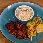 Gino sticky pork with sweet corn and homemade coleslaw recipe on Let’s Do Lunch