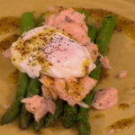 Gino salmon with griddled asparagus and poached egg recipe on Let’s Do Lunch