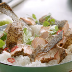 Jamie Oliver crispy skin salmon with green tea recipe on 15 Minutes Meals
