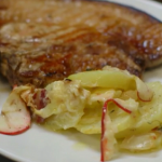 James Martin pork chops with reblochon cheese and apple tartiflette recipe on Home Comforts at Christmas