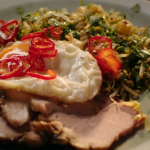 Nigella Lawson stir fried rice with ham, sprouts, ginger and pineapple double sprouts topped with a fried egg recipe on Simply Nigella Christmas Special 