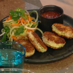 Donal Skehan cod fish cakes with a Asian style cucumber and carrot salad recipe on Saturday Kitchen