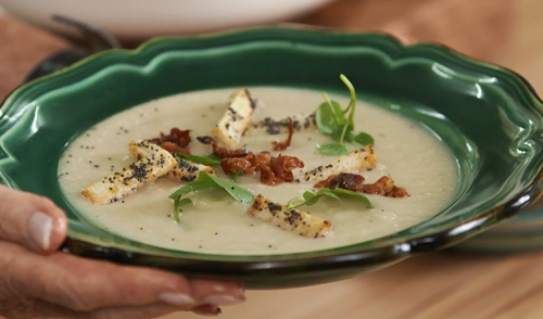 soup celeriac berry mary recipe pancetta croutons poppy seed recipes thetalentzone watercress sprigs garnish few crouton everyday choose board