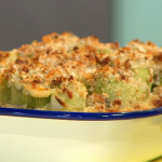 Simon Rimmer baked leeks with roquefort and mustard recipe on Sunday Brunch