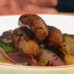 Simon Rimmer balsamic sausages and caponata recipe on Sunday Brunch