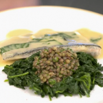 Theo Randall steamed sea bass with basil, lemon, lentils and spinach recipe on Yes Chef
