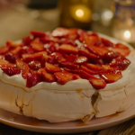 Nigella Lawson rose and pepper pavlova with passionfruit juice and strawberries recipe on At My Table