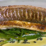 Galton Blackiston pan fried wild sea bass with samphire and a champagne and caviar sauce on Royal Recipes