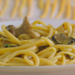 Ashley Jensen Umbrian pasta with porcini mushrooms and truffle pasta sauce recipe on Jamie and Jimmy’s Friday Night Feast