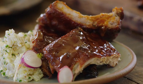 Jamie Oliver British BBQ ribs with whisky and potato salad recipe