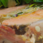 Jamie Oliver roast salmon with artichokes and almond stuffing recipe on Friday Night Feast