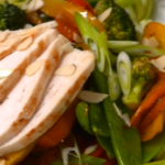 Linia Patel chicken, sweet pepper and mange tout stir-fry with almonds recipe on Get a Holiday Body 