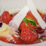 Galton Blackiston strawberry consomme with pink peppercorn meringues recipe