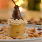 Catherine Fulvio spiced poached pear with almond crumble and cinnamon cream recipe