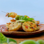 Ainsley Harriott grilled yams and BBQ lime prawns with garlic, mint and chilli dressing recipe on Ainsley’s Caribbean Kitchen