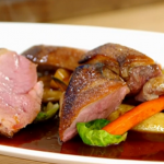James Martin roasted duck breast with lavender, roasted root vegetables and a orange and red wine sauce recipe on James Martin’s Great British Adventure