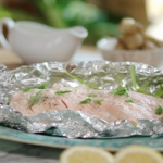 Lisa Faulkner salmon with baby leeks and watercress sauce recipe on John and Lisa’s Weekend Kitchen
