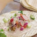 Lisa Faulkner lamb skewers with tahini sauce and flat breads recipe on John and Lisa’s Weekend Kitchen