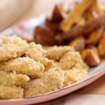 Lisa Faulkner rice krispie chicken with sweet potato wedges recipe on John and Lisa’s Weekend Kitchen