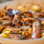 Lisa Faulkner sausage sourdough bake with new potatoes recipe on John and Lisa’s Weekend Kitchen
