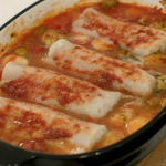 Priya Tew no chop tray bake with frozen hake and harissa paste recipe on Eat Well for Less?
