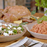 Nadia Sawalha butternut squash salad with roast chicken and spaghetti recipe on Nadia’s Family Feasts