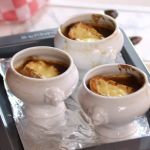 Lisa Faulkner French onion soup with cheese topped croutons recipe on John and Lisa’s Weekend Kitchen