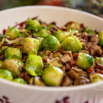Lisa Faulkner Brussels Sprouts with Pancetta, Onions and Chestnuts recipe on John and Lisa’s Weekend Kitchen