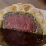 Jamie Oliver beef Wellington for two with mushroom duxelles, spinach pancakes and a onion and thyme gravy recipe on Jamie and Jimmy’s Friday Night Feast