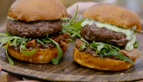 Jamie Oliver stuffed burgers with onion chutney basil mayo and