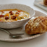 Tom Kerridge smoked pancetta and lentil soup with soda bread recipe on Lose Weight and Get Fit with Tom Kerridge