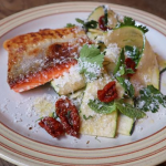 Jose Pizarro Grilled Sea Trout with Courgettes and Manchago Salad recipe on Sunday Brunch