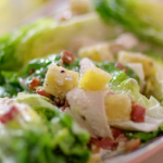 Lisa Faulkner chicken Caesar salad with bacon, cheat’s dressing and croutons recipe on John and Lisa’s Weekend Kitchen