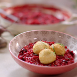 Lisa Faulkner beetroot risotto with deep fried goat’s cheese balls recipe on John and Lisa’s Weekend Kitchen