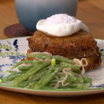 Phil Vickery Maryland crab cakes with runner beans and poached egg recipe on This Morning