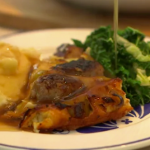 Lisa Faulkner toad in the hole with sausage meatballs, leeks, creamy mash, cabbage and gravy recipe on Lorraine