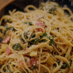 Nigella Lawson spaghetti with garlic, rainbow chard, anchovies and parmigiano recipe on Nigella’s Cook, Eat, Repeat