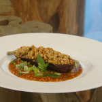 Matt Tebbutt aubergines stuffed with courgettes, green beans and peppers with a peanut and soy sauce recipe on Saturday Kitchen