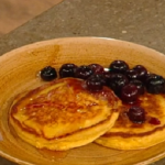 Matt Tebbutt coconut and ricotta pancakes with fresh blueberries, toasted coconut flakes and maple syrup recipe on Saturday Kitchen