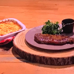 Russell Watson sirloin steak with red wine jus and potato gratin recipe on Steph’s Packed Lunch