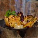 Matt Tebbutt roast poussin with vegetables and a garlic, anchovies and vinegar dressing recipe on Saturday kitchen