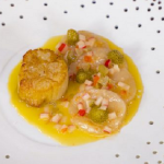 Tommy Banks scallops with rhubarb, pickled peppers, strawberries and butter sauce recipe on James Martin’s Saturday Morning
